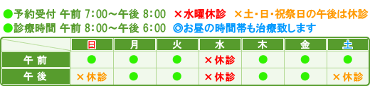 円城寺鍼灸院　予約受付 7：00〜20：00、治療時間 8：00〜18：00